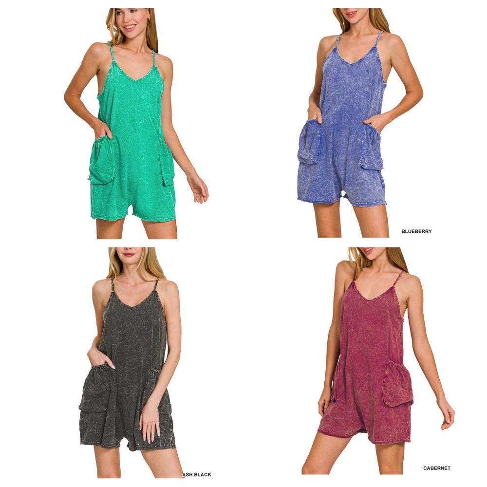Zenana Outfitters Washed Knit Romper - Green, Blue, Black, Cabernet NWT